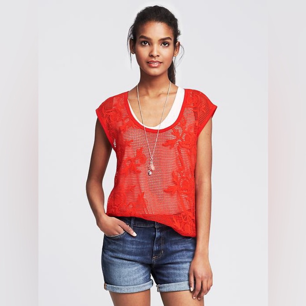 Banana Republic Floral Net Lace Top Medium Embroidered Summer‎ Vacation Cover Up